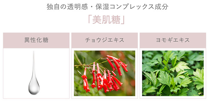 独自の透明感・保湿コンプレックス成分「美肌糖」 異性化糖 チョウジエキス ヨモギエキス