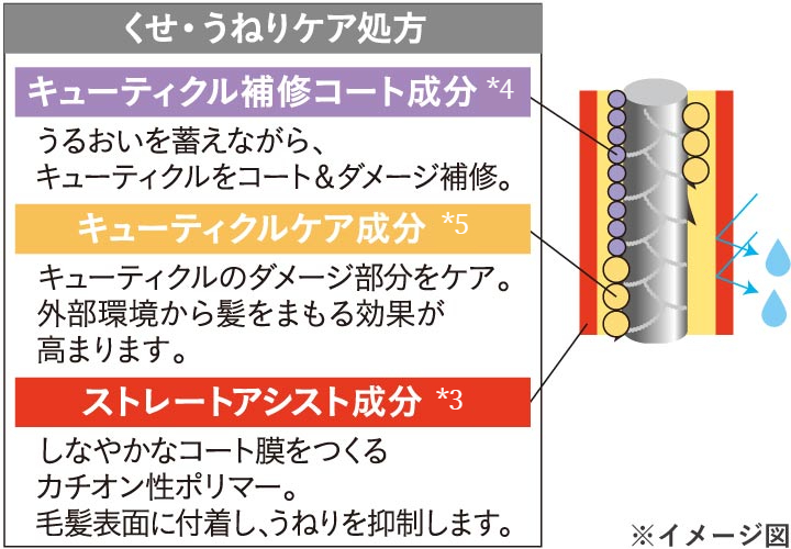 くせ・うねりケア処方　キューティクル補修コート成分*4　キューティクルケア成分*5　ストレートアシスト成分*3