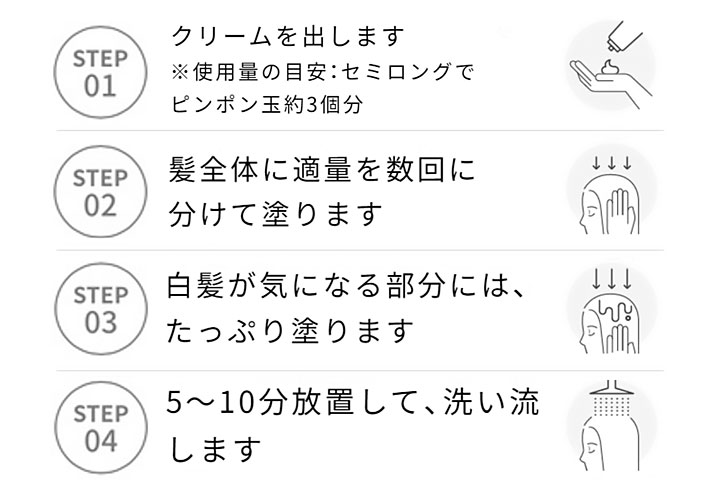 クリームを出します ※使用量の目安:セミロングヘアでピンポン玉約3個分、髪全体に適量を数回に分けて塗ります、白髪が気になる部分には、たっぷりと塗ります、5～10分放置して、洗い流します