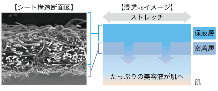 シート構造断面 浸透イメージ ストレッチ 保液層 密着層 たっぷりの美容液が肌へ 肌