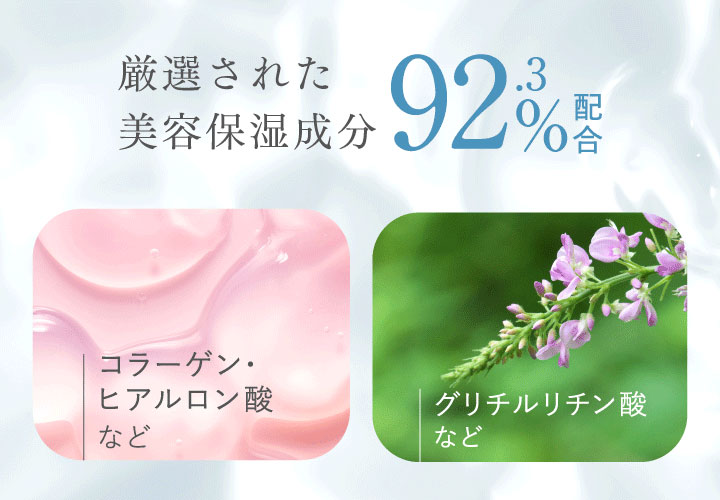 厳選された美容保湿成分 92.3%配合 コラーゲン・ ヒアルロン酸など グリチルリチン酸など