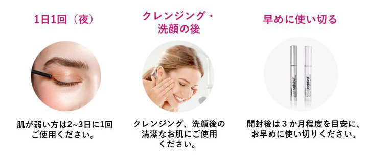 1日一回 (夜)肌が弱い方は2～3日に一回ご使用ください。 クレンジング・洗顔の後 クレンジング,洗顔後の清潔なお肌にご使用ください。 早めに使い切る 開封後は3ヶ月程度を目安に、お早めに使い切りください。