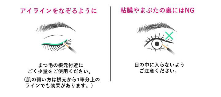 アイラインをなぞるように まつ毛の根本付近にごく少量をご使用ください。(肌の弱い方は根本から1筆分上のラインでも効果があります) 粘膜やまぶたの裏にはNG 目の中に入らないようにご注意ください。