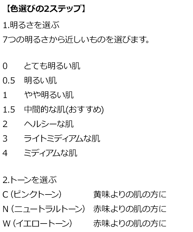 【色選びの2ステップ】 1.明るさを選ぶ 7つの明るさから近しいものを選びます。 0　とても明るい肌 0.5　明るい肌 1　やや明るい肌 1.5　中間的な肌(おすすめ) 2　ヘルシーな肌 3　ライトミディアムな肌 4　ミディアムな肌 2.トーンを選ぶ C(ピンクトーン)　黄味よりの肌の方に N(ニュートラルトーン)　赤味よりの肌の方に W(イエロートーン)　赤味よりの肌の方に