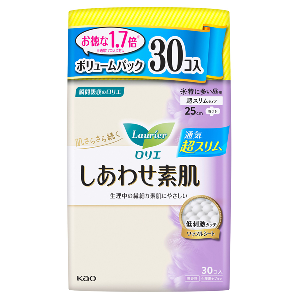 しあわせ素肌 通気超スリム / 25cm/30個(ボリュームパック) / 特に多い昼用 羽つき 1