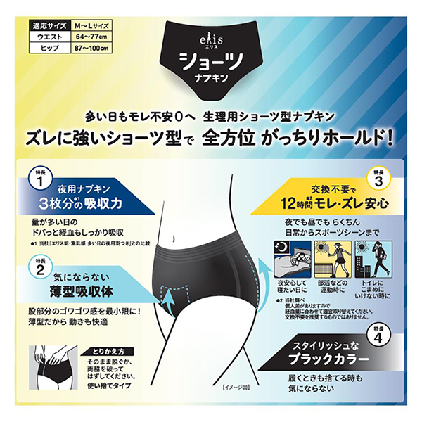 ショーツナプキン 昼・夜長時間用 / ブラック / M～L 4枚 1