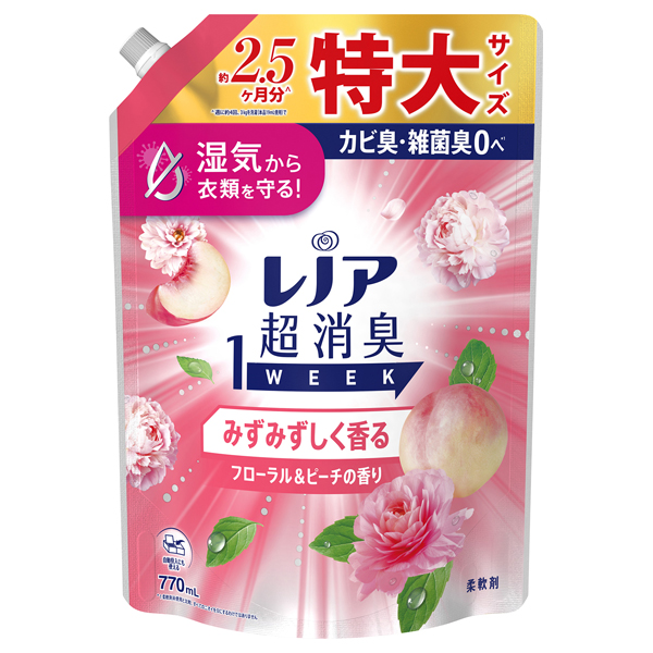 超消臭1WEEK 柔軟剤 / 詰め替え / 770ml / みずみずしく香るフローラル&ピーチの香り 超消臭1WEEK 柔軟剤 / 詰め替え / 770ml / みずみずしく香るフローラル&ピーチの香り